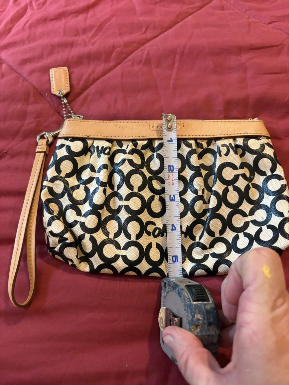 COACH Black and Cream Signature Canvas Wristlet with Tan Trim